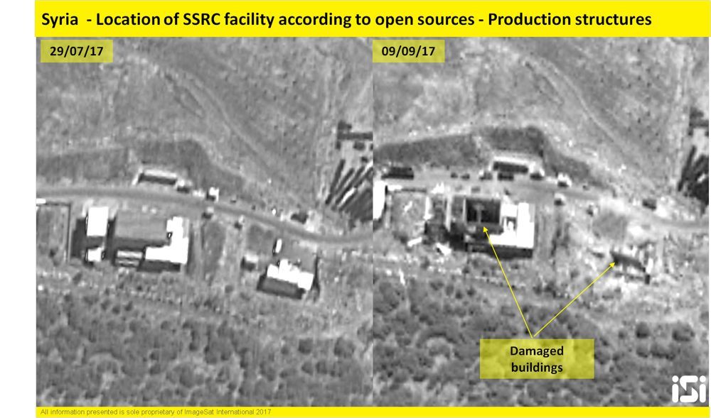 Las imágenes de satélite israelíes muestran los resultados de un ataque aéreo atribuido a las Fuerzas de Defensa de Israel en una base de desarrollo de armas militares sirias el 7 de septiembre de 2017. ( ImageSat International )