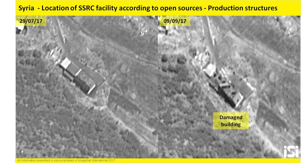 Las imágenes de satélite israelíes muestran los resultados de un ataque aéreo atribuido a las Fuerzas de Defensa de Israel en una base de desarrollo de armas militares sirias el 7 de septiembre de 2017. ( ImageSat International )