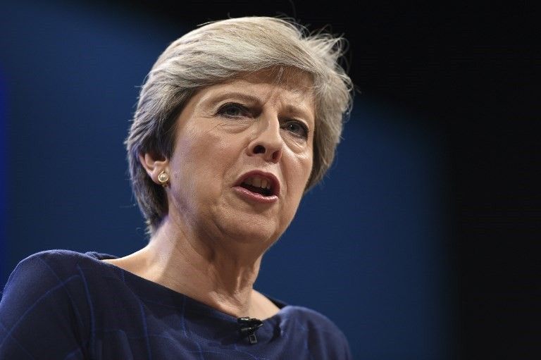 La Primera Ministra británica Theresa May pronunció su discurso en el último día de la conferencia anual del Partido Conservador en el Centro de Convenciones de Manchester en Manchester, noroeste de Inglaterra, el 4 de octubre de 2017 (AFP / Oli Scarff)