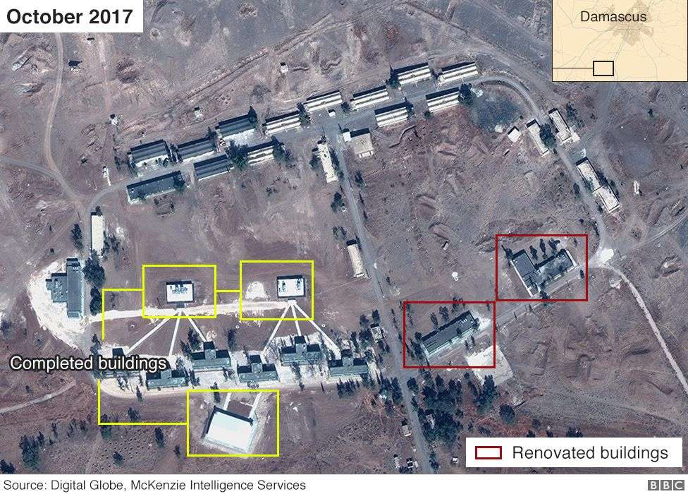 Imagen satelital de supuesta base iraní en Siria desde octubre de 2017 (Airbus, Digital Globe y McKenzie Intelligence Services / BBC)