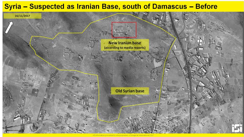 Una imagen de satélite que muestra los resultados de un presunto ataque aéreo israelí contra una base iraní informada que se está estableciendo a las afueras de Damasco, desde el 16 de noviembre de 2017. ( ImageSat International ISI )