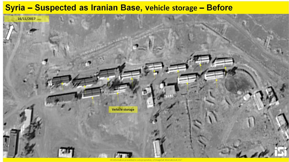 Una imagen de satélite que muestra los resultados de un presunto ataque aéreo israelí contra una base iraní informada que se está estableciendo a las afueras de Damasco, desde el 16 de noviembre de 2017. ( ImageSat International ISI )