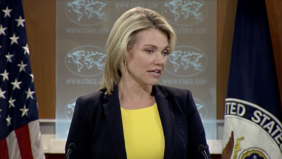 La portavoz del Departamento de Estado de Estados Unidos, Heather Nauert, habla con los periodistas durante una conferencia de prensa en Washington, DC el 27 de julio de 2017 (captura de pantalla)