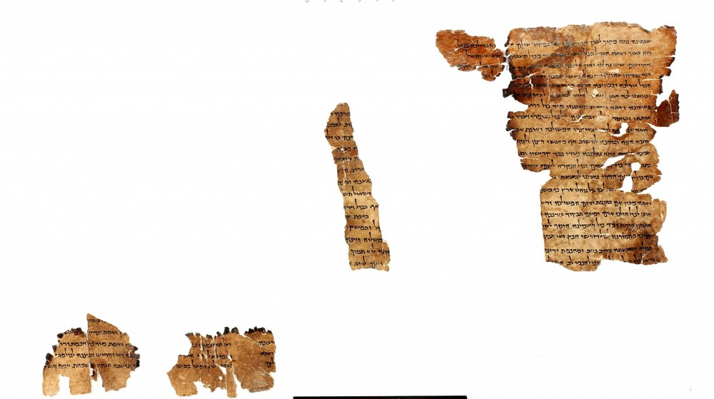 Fragmentos del rollo Musar leMevin (Instrucción para los entendidos), en exhibición en el Museo de Naturaleza y Ciencia de Denver por primera vez. (Biblioteca digital de Shai Halevi, Leon Levy Dead Sea Scrolls)