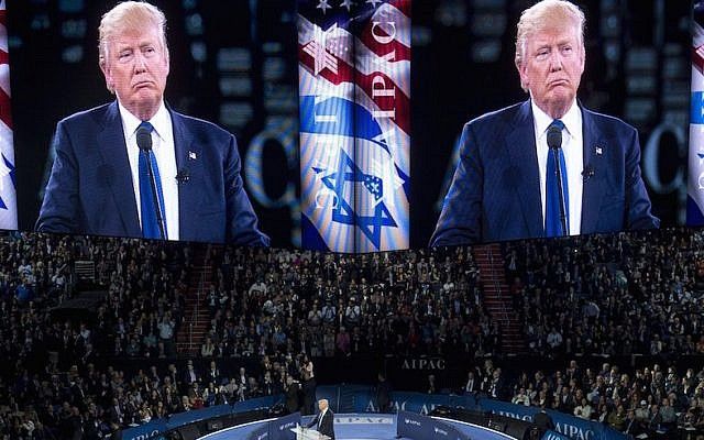 Donald Trump hablando en la Conferencia de Política del 2016 del American Public Public Committee (AIPAC) en el Verizon Center en Washington, DC, el 21 de marzo de 2016. (Saul Loeb / AFP / Getty Images vía JTA)