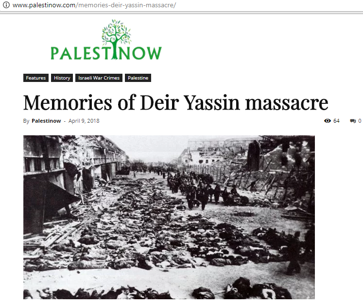 Sitio web islamista publica la misma imagen de judíos asesinados durante el Holocausto y difunde el mito de la “masacre de Deir Yassin”. (Captura de pantalla)