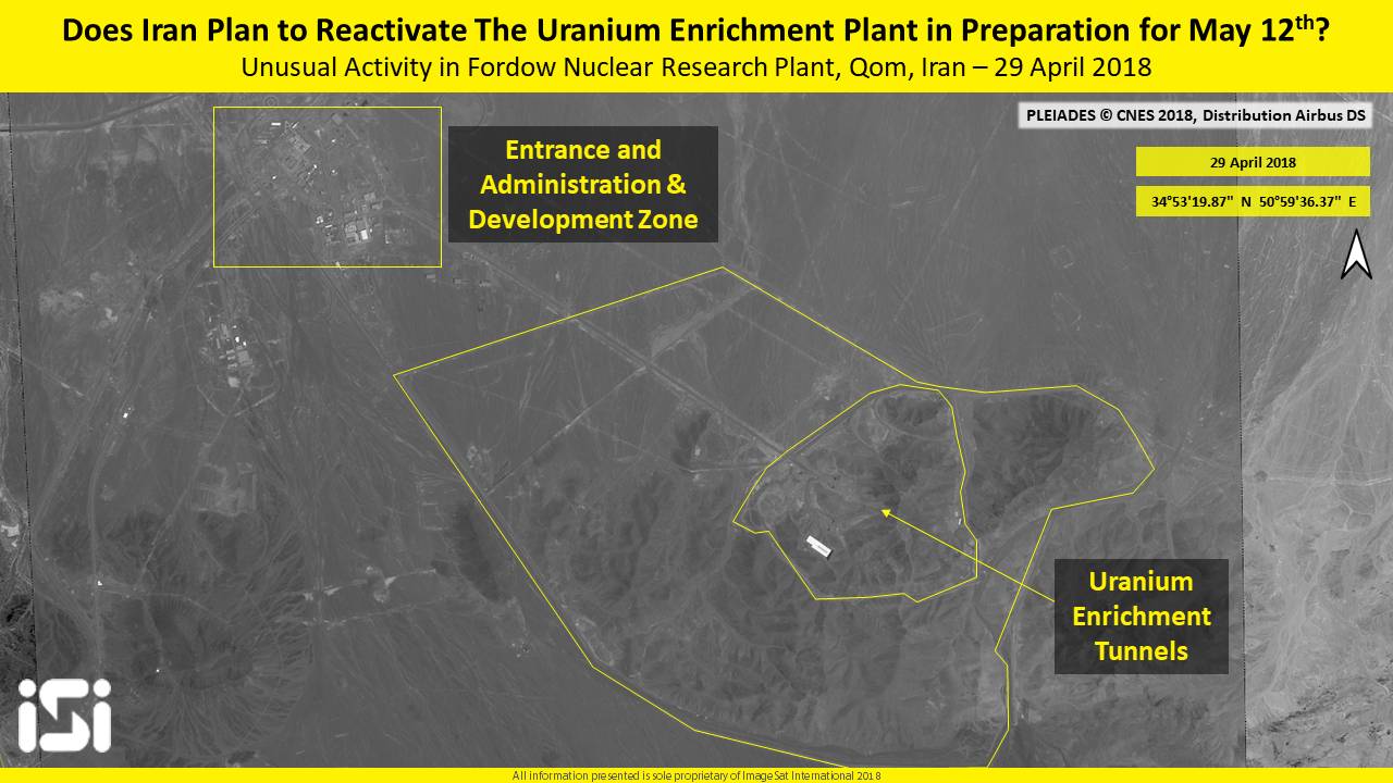 Una imagen de satélite del 29 de abril de 2018, que muestra la actividad reciente en la instalación nuclear de Fordo en Irán. (ImageSat International ISI)