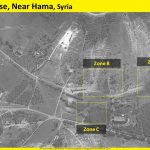 Una imagen de satélite que muestra los resultados de un presunto ataque aéreo israelí en una base iraní reportada en las afueras de la ciudad norteña de Hama el día anterior, el 30 de abril de 2018. (ImageSat International ISI)