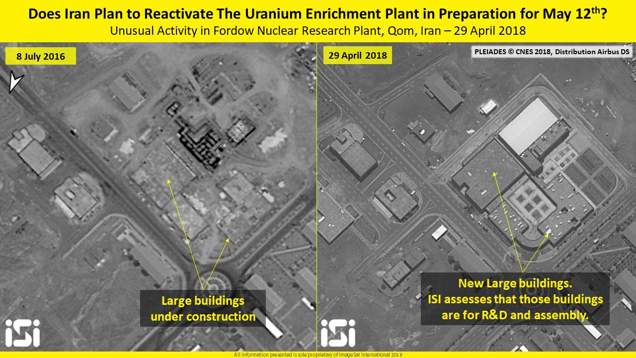 Una imagen de satélite del 29 de abril de 2018, que muestra la actividad reciente en la instalación nuclear de Fordo en Irán. (ImageSat International ISI)