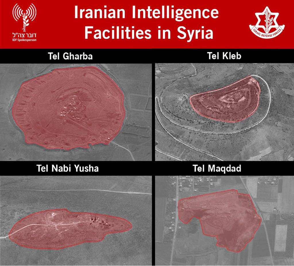 Una foto lanzada por el ejército israelí el 11 de mayo de 2018 que muestra sitios de inteligencia iraníes en Siria. (Portavoz de las FDI)