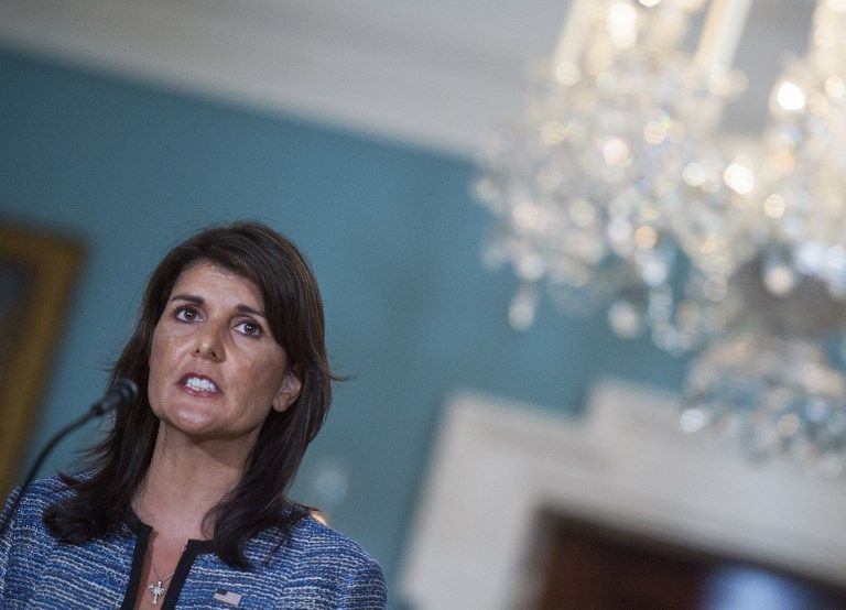 La embajadora de los Estados Unidos en las Naciones Unidas, Nikki Haley, habla en el Departamento de Estado de los Estados Unidos en Washington DC el 19 de junio de 2018. (AFP Photo / Andrew Caballero-Reynolds)