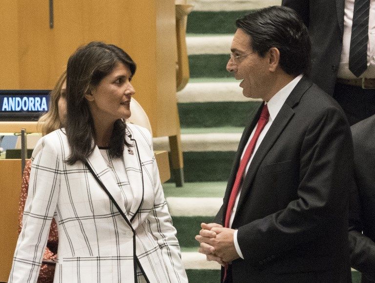 La embajadora de los Estados Unidos ante las Naciones Unidas, Nikki Haley, habla con el embajador de Israel en la ONU, Danny Danon, antes de una votación en la Asamblea General el 13 de junio de 2018 en Nueva York. (AFP PHOTO / Don EMMERT)