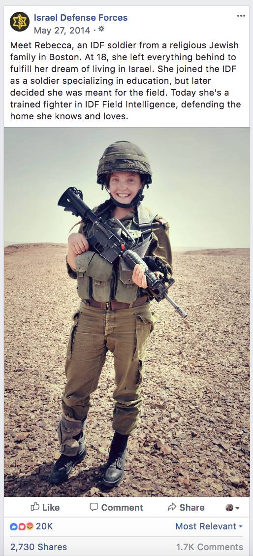 Una publicación de la página oficial de Facebook de las Fuerzas de Defensa de Israel de mayo de 2014 sobre Rebecca, un ex soldado acusada falsamente por activistas pro-palestinos en línea de matar a una enfermera de Gaza el 1 de junio de 2018. (Fuerzas de Defensa de Israel / Facebook)