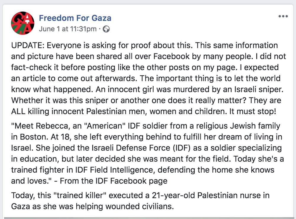 Una publicación en Facebook de activistas pro-palestinos en línea acusando falsamente a una soldado de las FDI de matar a una enfermera de Gaza el 1 de junio de 2018. (Freedom for Gaza / Facebook)