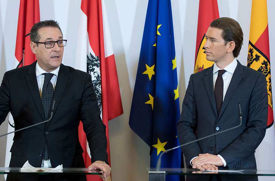 El Canciller Sebastian Kurz, a la derecha, del Partido Popular de Austria y el Vicecanciller Heinz-Christian Strache del Partido de la Libertad dan una conferencia de prensa en Viena después de su primera reunión del Gabinete, 19 de diciembre de 2017. (Joe Klamar / AFP / Getty Images vía JTA)