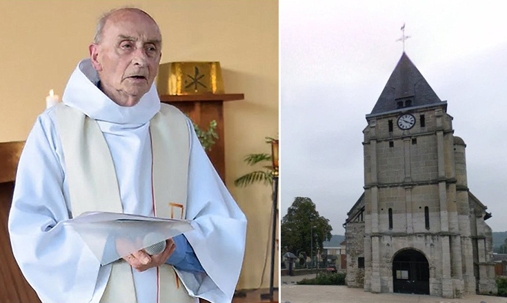 El jihadista de ISIS que cortó la garganta El padre Jacques Hamel (izquierda), en su iglesia en Saint-Étienne-du-Rouvray (derecha) el 26 de julio de 2016, había estado bajo vigilancia y estaba siendo monitoreado con un brazalete electrónico en el tobillo.