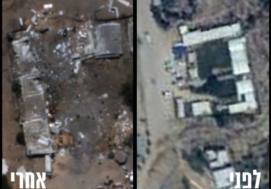 Antes (R) y después (L) de la destrucción del cuartel general del batallón de Hamás en Zeitoun en la Franja de Gaza. (Unidad del Portavoz de las FDI)