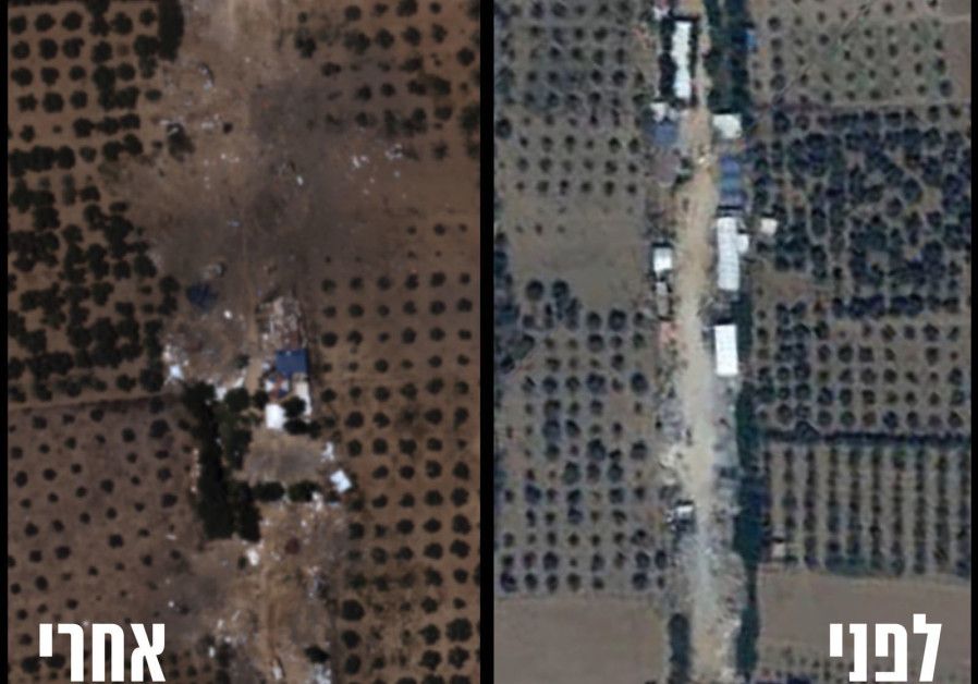 Antes (R) y después (L) de la destrucción del cuartel general del batallón de Hamás en al-Bureij en la Franja de Gaza. (Unidad del Portavoz de las FDI)
