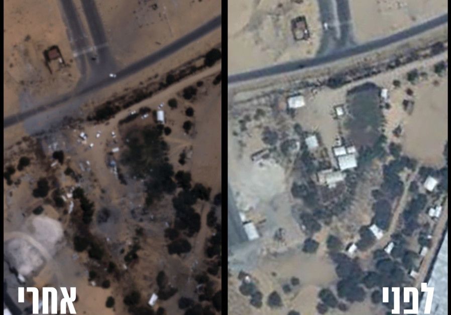 Antes (R) y después (L) de la destrucción del cuartel general del batallón de Hamás en Khan Younis en la Franja de Gaza. (Unidad del Portavoz de las FDI)