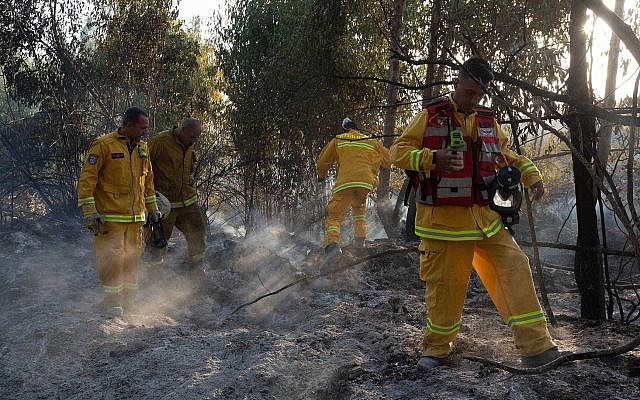 Bomberos israelíes extinguen un incendio en el embalse de Shikma causado por cometas voladas por palestinos, cerca de la frontera con la Franja de Gaza, el 5 de julio de 2018. (Edi Israel / Flash90)
