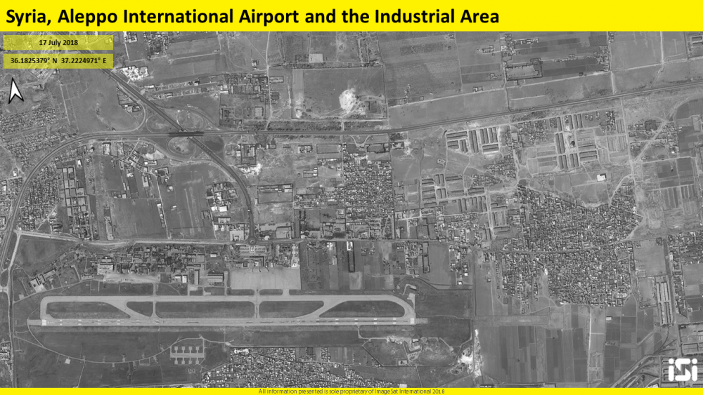 Imágenes satelitales del 17 de julio de 2018, que muestran un campo de aviación en Aleppo, Siria, que se dice que es una base para las fuerzas iraníes, que fue atacada en un presunto ataque aéreo israelí días antes. (ImageSat International ISI)