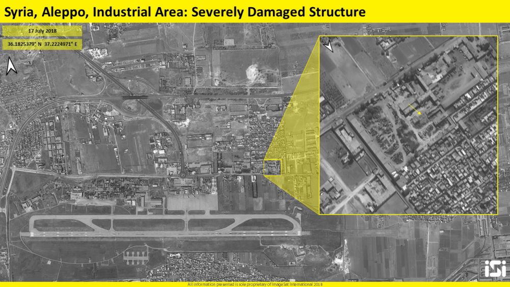 Imágenes satelitales del 17 de julio de 2018, que muestran los resultados de un presunto ataque aéreo israelí en un campo de aviación en Aleppo, Siria, que se dice que es una base para las fuerzas iraníes. (ImageSat International ISI)