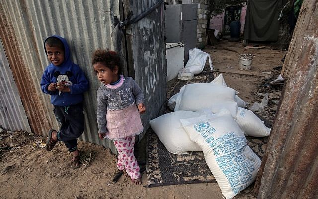 Los niños palestinos se ponen de pie junto a bolsas de ayuda alimentaria proporcionadas por la agencia de la ONU para refugiados palestinos en el campo de refugiados de Rafah en el sur de la Franja de Gaza el 24 de enero de 2018. (AFP / Said Khatib)