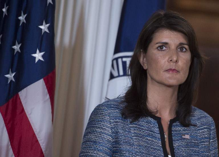 La embajadora de los Estados Unidos en las Naciones Unidas, Nikki Haley, habla en el Departamento de Estado de los Estados Unidos en Washington DC el 20 de junio de 2018 (AFP PHOTO / Andrew CABALLERO-REYNOLDS)