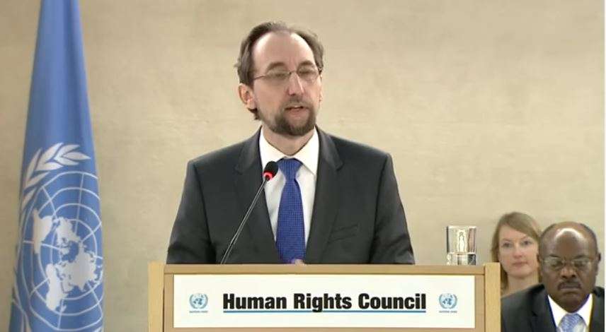 El Príncipe Zeid bin Ra'ad Zeid al-Hussein, Alto Comisionado de las Naciones Unidas para los Derechos Humanos se dirige al Consejo de Derechos Humanos en Ginebra, Suiza el 27 de febrero de 2017. (Captura de pantalla / Youtube)