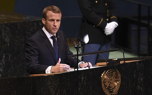 El presidente francés Emmanuel Macron se dirige a la 73ª sesión de la Asamblea General en las Naciones Unidas en Nueva York el 25 de septiembre de 2018. (AFP Photo / Bryan R. Smith)