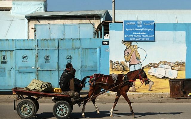 Un palestino cerca de la oficina del programa de socorro y social de la UNRWA en la ciudad de Gaza el 8 de enero de 2018. (AFP Photo / Mohammed Abed)