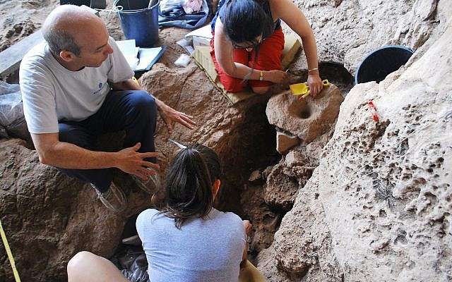 Arqueólogos excavando en la Cueva de Raqefet donde se descubrió una fábrica de cerveza de 13,000 años de antigüedad, agosto de 2018. (Dani Nadel, Universidad de Haifa)