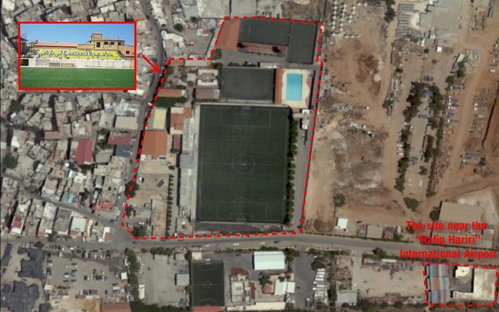 Una imagen de satélite lanzada por las Fuerzas de Defensa de Israel que muestra sitios cerca del aeropuerto internacional de Beirut que según el ejército está siendo utilizado por Hezbolá para convertir misiles regulares en municiones guiadas de precisión, el 27 de septiembre de 2018. (Fuerzas de Defensa de Israel)