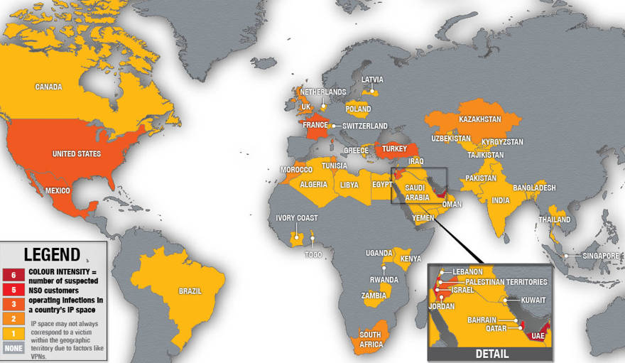 Uso del sistema de espionaje Pegasus en todo el mundo, según Citizen Lab.