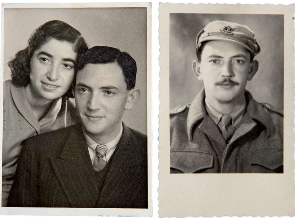 Blau con su esposa, a la izquierda, y durante su servicio militar.