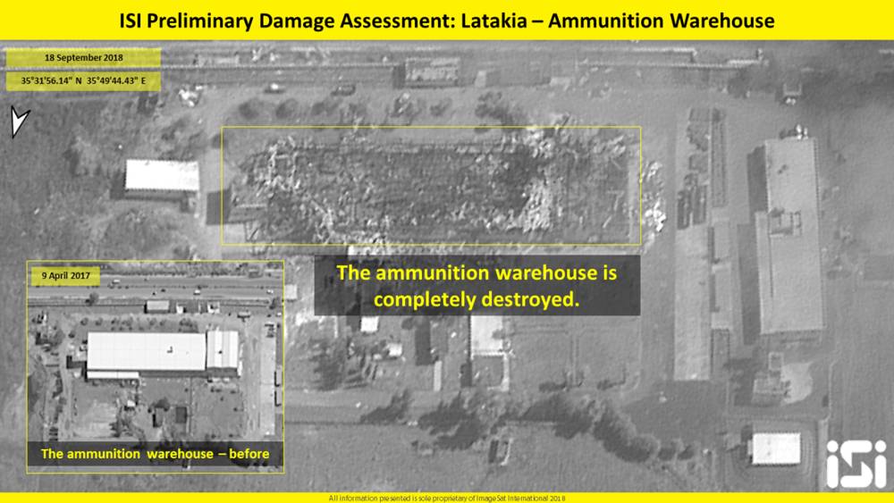 La imagen de satélite muestra el daño causado por el presunto ataque con misiles israelíes contra objetivos cerca de Latakia de Siria. ImageSat International.