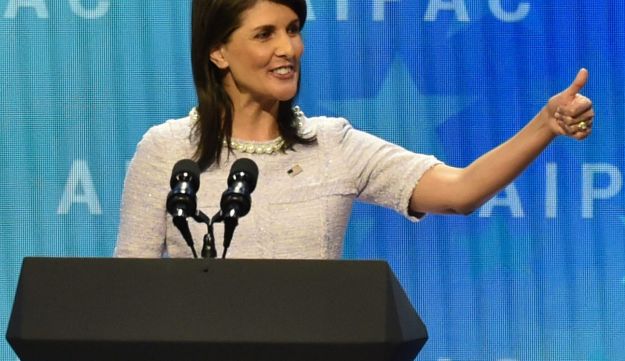 La embajadora de los Estados Unidos ante la ONU, Nikki Haley, hablando en la conferencia sobre políticas de AIPAC en Washington, el 5 de marzo de 2018.Nicholas Kamm / AFP