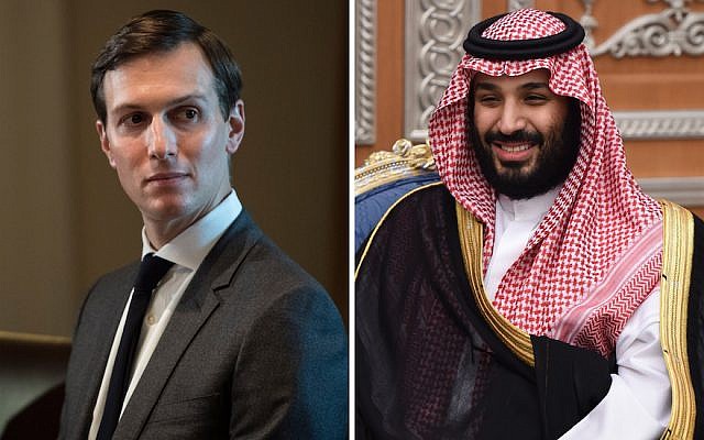 El asesor principal de la Casa Blanca, Jared Kushner, durante una reunión en la sala del gabinete de la Casa Blanca en Washington, DC, el lunes 23 de octubre de 2017. Derecha: El príncipe heredero de la corona saudita Mohammed bin Salman asiste a una reunión con el patriarca cristiano maronita del Líbano el 14 de noviembre. 2017, en Riad, Arabia Saudita. (Fotos de Jabin Botsford / The Washington Post a través de Getty Images; Fayez Nureldine / AFP / Getty Images)