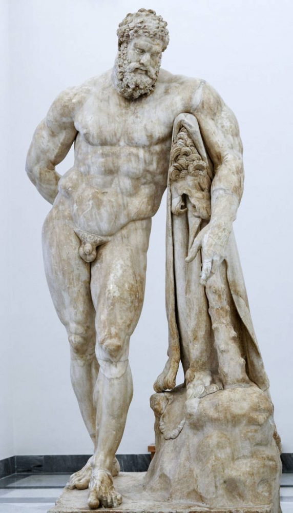 Estatua de Hércules en reposo llevando fruta en su mano derecha. Copia romana de la era imperial después de un original griego de la era helenística temprana; El antebrazo izquierdo se restaura en escayola. Marie-Lan Nguyen / Farnese Colle