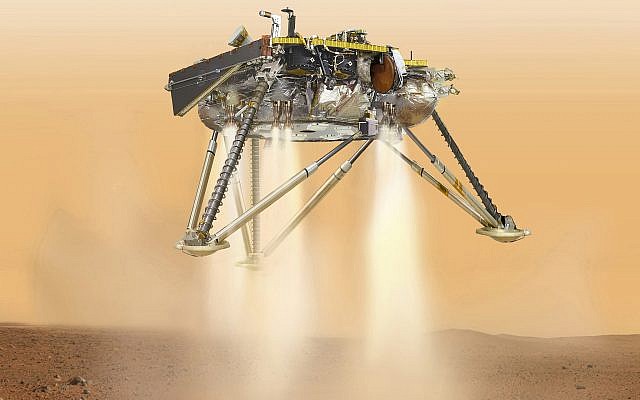 Esta imagen, disponible por la NASA en octubre de 2016, muestra una ilustración del aterrizaje InSight de la NASA a punto de aterrizar en la superficie de Marte. (NASA / JPL-Caltech a través de AP)