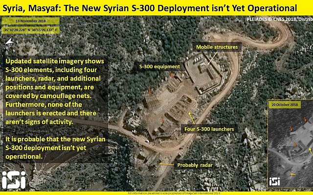 Las fotos satelitales publicadas por ImageSat International el 14 de noviembre de 2018 parecen mostrar que los sistemas S-300 en la ciudad de Masyaf, en el noroeste de Siria, aún no están operativos (ImageSat International)