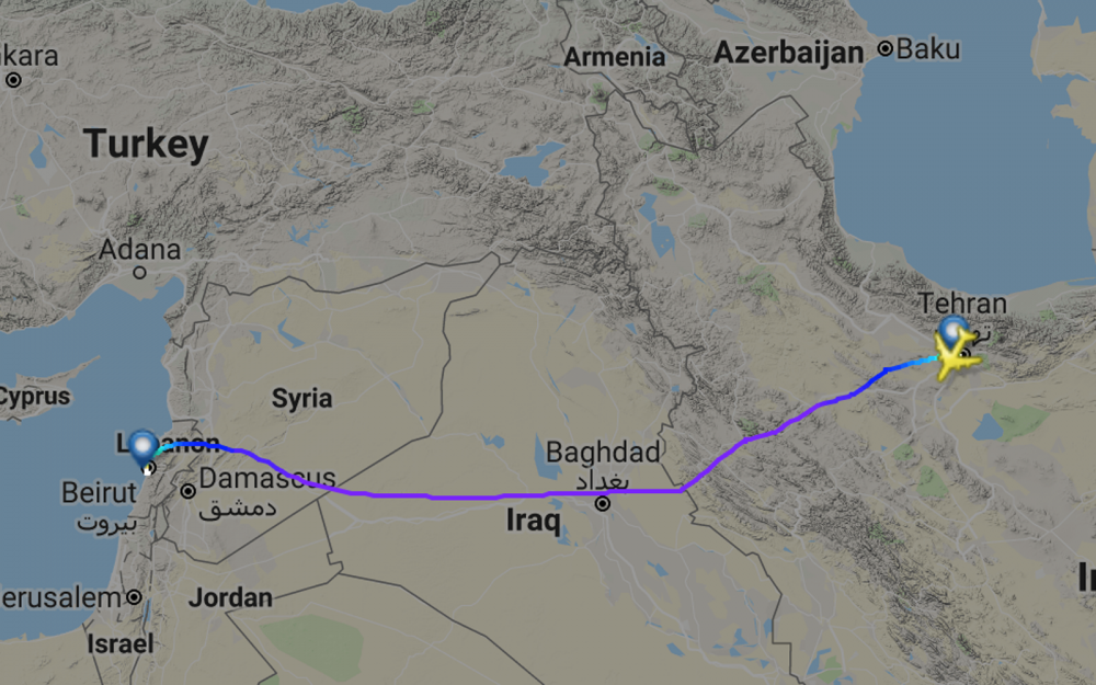 El vuelo No. QFZ-9964 de Fars Air de Irán viaja directamente de Teherán a Beirut el 29 de noviembre de 2018. (Captura de pantalla: FlightRadar24)