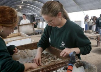 Voluntarios y empleados escogen los hallazgos en el Proyecto de Tamizado del Monte del Templo en Emek Tzurim, ubicado en el Monte de los Olivos, cerca de la Ciudad Vieja de Jerusalén el 10 de marzo de 2014. (Miriam Alster / Flash 90)