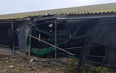 Un gallinero en el sur de Israel que fue alcanzado por un cohete desde la Franja de Gaza el 11 de noviembre de 2018. (Consejo Regional de Eshkol)