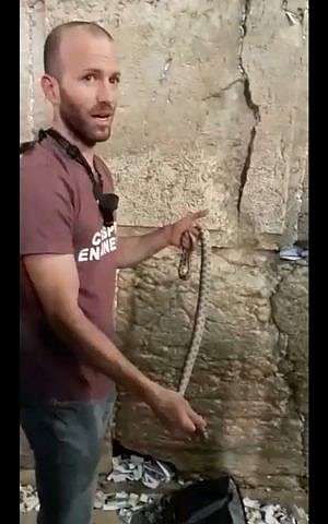 Un cazador de serpientes sostiene una serpiente que sacó del Muro Occidental, 31 de octubre de 2018. (captura de pantalla de Facebook)