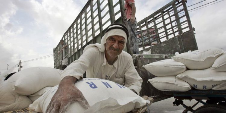 Un hombre palestino carga bolsas de harina en un carro de burros fuera del centro de distribución del Programa Mundial de Alimentos de las Naciones Unidas en el campo de refugiados de Rafah, en el sur de la Franja de Gaza, noviembre. 7, 2007 (Foto AP / Khalil Hamra)