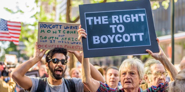 Manifestantes que protestaban contra Israel en la ciudad de Nueva York, junio de 2016. (Erik McGregor / Pacific Press / LightRocket a través de Getty Images)