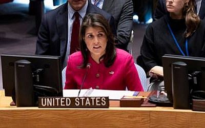 Nikki Haley habla en una reunión del Consejo de Seguridad de la ONU en el Medio Oriente el 19 de noviembre de 2018 (Cortesía)