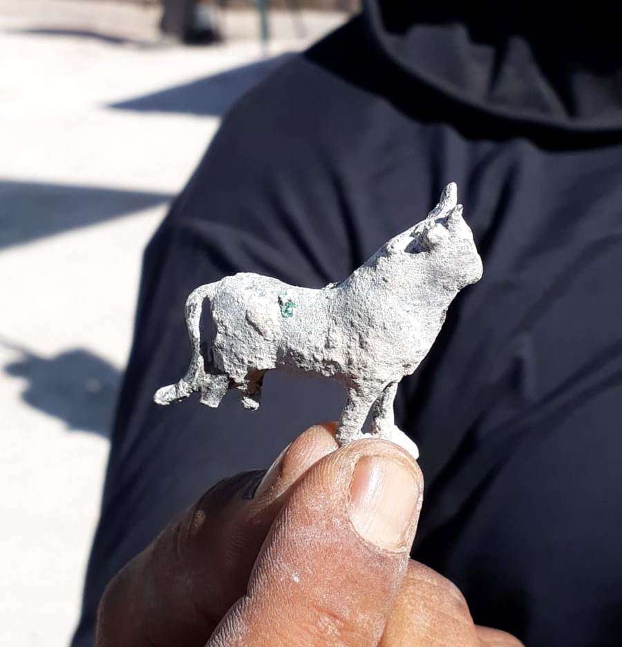 El toro de bronce de la era romana en miniatura fue descubierto en la base de una piscina del siglo III en el Parque Nacional Zippori. (Tsvika Tsur / Autoridad de Parques y Naturaleza de Israel)