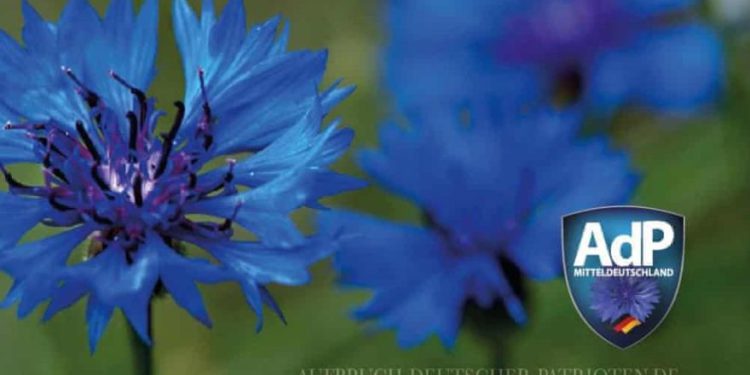El logotipo de la fiesta El despertar de los patriotas alemanes presenta un aciano azul (Facebook)
